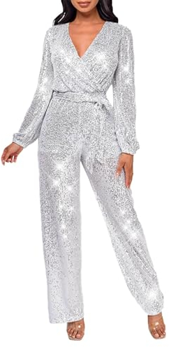 Duohropke Overall Damen Jumpsuit V-Ausschnitt Langarm Elegant Bodysuit mit Gürtel Sexy Abendkleid Butt Pailletten Eng Einteiler Hohe Taille Playsuit Leistungskleidung