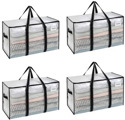 VENO 95 L Sac de Rangement Grand Pliables, Sacs de Déménagement Robustes avec Couvercle et Poignées Renforcées pour le Vêtement, Couettes et Linge de Lit, Sac à Linge(Transparent, Lot de 4)