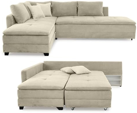 Federkern Ecksofa 306x223 cm Dauerschläfer, Doppelbett Schlaffunktion, Kaltschaum-Topper, Bettkasten, Nachtkonsole, Schwenkteil links oder rechts montierbar, Bezug Cord Beige Grau / 15161