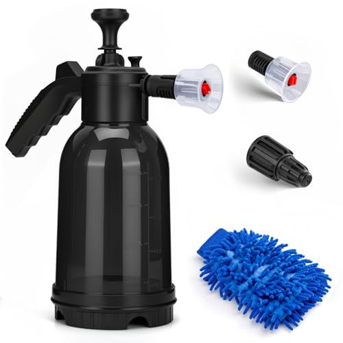 RIMBERRY Pulverizador de espuma de mano de 2 litros, pulverizador de espuma de lavado de coche de 68 onzas, pulverizador de bomba de espuma de 0.5 galones con dos boquillas ajustables, guante de
