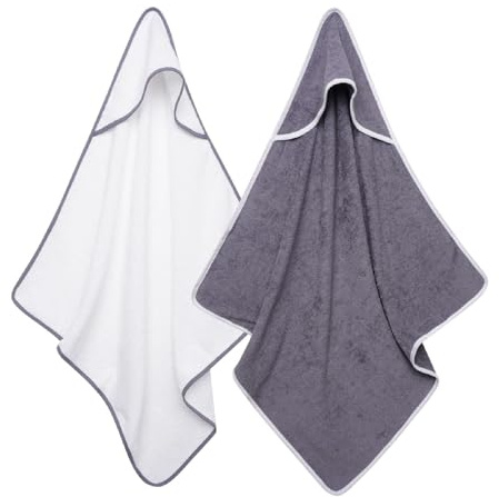 Sasma Home - 2 serviettes à capuche pour bébé, 100 % coton, serviettes de bain douces et absorbantes pour enfants (blanc/gris)