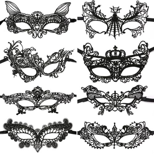 Tokaneit 8 Stück Augenmaske für Tanz Ball Party, Maskerade Maske, Venezianische Maske Spitze Damen, Schwarz Sexy Damen Spitze Augenmaske für Halloween Karneval Abendkleid Tanz Ball Party