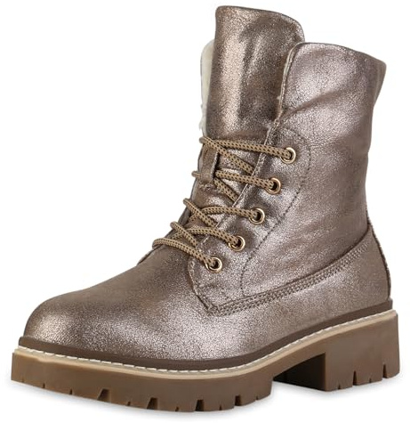 VAN HILL Damen Schnürstiefeletten Blockabsatz Profilsohle Trendy Schuhe 216448 Gold 39