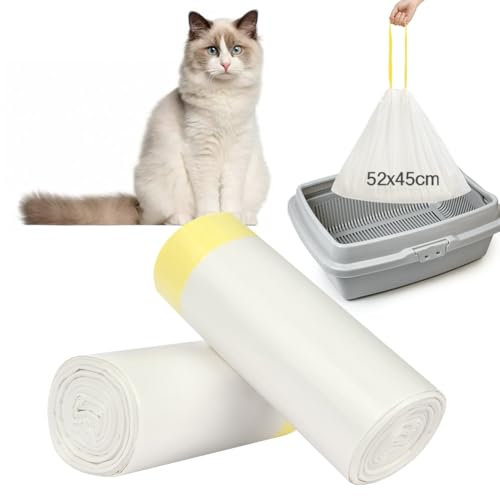 Adiwo 40 Pack Piodegradable Cat Litter Box Waste Bags with Handles, Self-Cleaning Cat Litter Box Waste Bags with Drawstring, Durable and Liquid-Resistant, 52cm*45cm