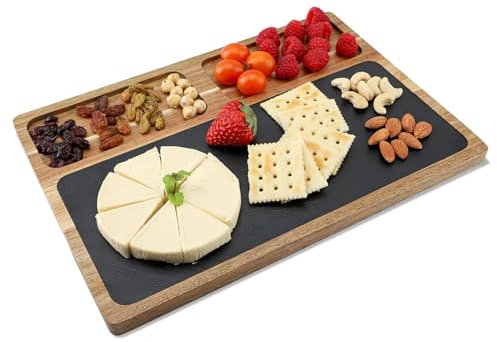 Acacia Wood Serving Board with Slate, Charcuterie Boards for Serving Dishes, Cheese Serving Tray and Slate Steak Bread Dinner Plate Multi-Purpose with Delicious Party Family Kitchen Restaurant