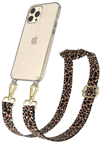 EAZY CASE Handykette - Verstellbares Taschenband kompatibel mit iPhone 12 Pro Max, Schulterriemen, Handykordel mit Silikon Hülle, Umhängetasche, Leo - Schwarz Braun Metall Gold