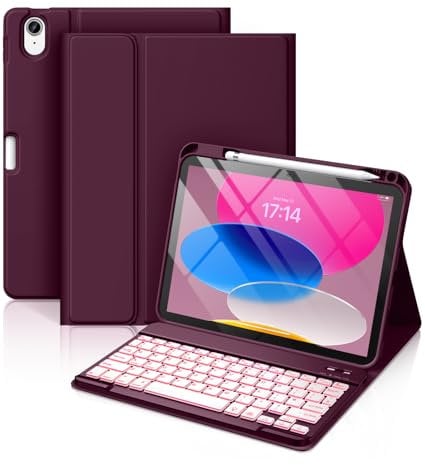 Vobafe Hülle mit Tastatur für iPad A16 11/10 Generation (2025/2022, 11/10.9 Zoll)- 7 Farben Beleuchtete Magnetische Abnehmbare Keyboard Schutzhülle mit Stifthalter für iPad 11. /10. Gen, Himbeere