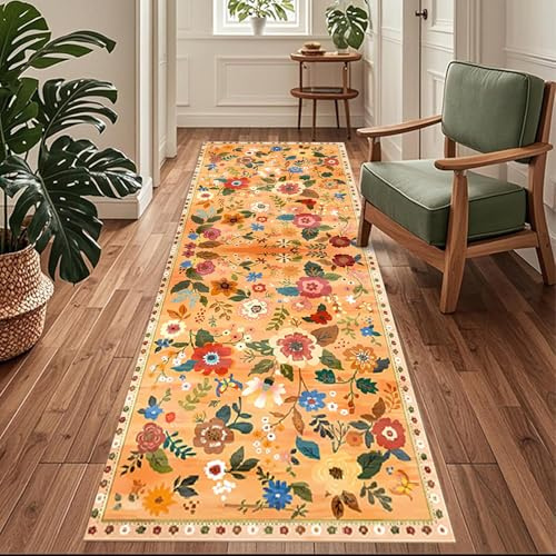 Siunwdiy Flurläufer Extra Lang 60x120cm Blumenmuster - Teppichläufer rutschfest, Flurteppich，Küchenteppich Waschbar Gelb Küchenläufer für Küche, Korridor, Schlafzimmer, Eingang, Büro, Wohnzimmer