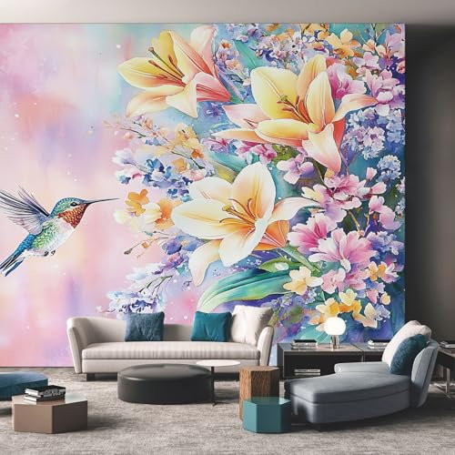 NOGAWA Papier Peint Fleurs Colorée, Papier Peint Motif Floral Colibri, Panoramique Décoration Murale Pour Salon, Chambre, Tapisserie Murales Intissé, Wallpaper Mural 250x175cm