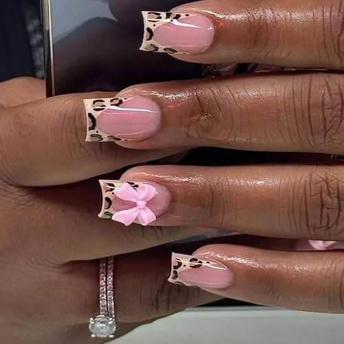 French False Nails Medium, 24Pcs Leopard Print French Fake Nails with Pink Bow, Square Press on Nails Pattern, Reusable Ballerina Acrylic Full Cover Stick on for Women Girls Nail Art Accessories