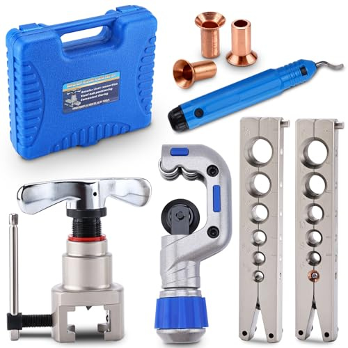 FreeTec 5-in-1 Bördelgerät Klimaanlage Bördelwerkzeug Set, 1/4-3/4 in und 6-19mm HLK Kupferrohr Bördelgeräte mit 4-32mm Rohrschneider Entgrater Werkzeug, 45° Einfach-Bördel Werkzeug für Kühltechnik