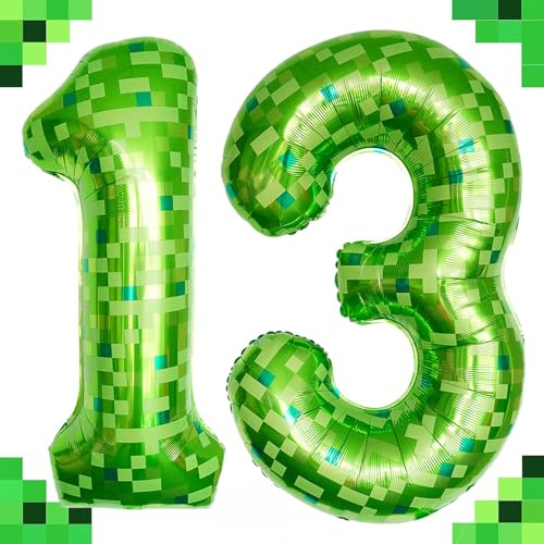 Tourima 40 Zoll Zahl 13 Luftballon Grün Pixel Design, Folienballon Zahlen Set für 13 Geburtstag Junge & Mädchen, Helium Ballons Zahlen Deko, Geburtstagsdeko 13 Jahre Junge & Mädchen