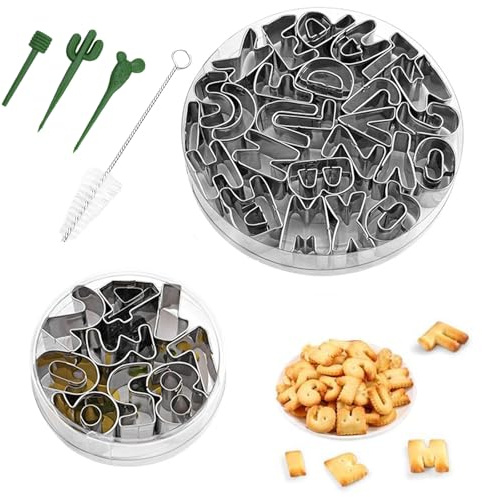 35 Piezas Moldes Galletas Acero Inoxidable,Galletas Letras,Cortador de Galletas Número,Molde de Galletas DIY,Mini Cortadores de Galletas,con Cepillo de Limpieza y Varilla de Desmoldeo,for Cookies