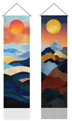 AHANDMAKER 2 Wandteppich Sonnenaufgang Auf Dem Berg Langer Vertikaler Wandbehang Quasten Wandteppich Mystische Ästhetische Dekorationen Für Schlafzimmer Und Wohnzimmer