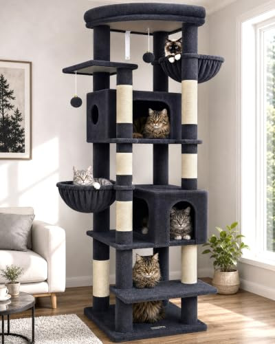 Globlazer S74 Sturdy Cat Tree Tower 188 CM for Large Cats Easy Put Together | Stable Cat Tree with 2 Caves 50CM Platform 2 Hanging Basket Sisal Scratcher Post Instructions Clear Cat Tower for Indoor Cats