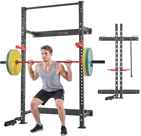 VEVOR Folding Power Cage, Wall-Mounted Power Rack Squat Rack, Multifunctional Strength Training Workout Equipment with Landmine Holder, Adjustable J-Hooks & Pull-Up Bar for Home Gym, 1000LBS Capacity