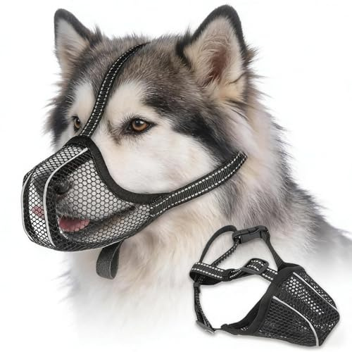Maulkorb für Große & Mittlere Hunde, Weiches Netzmaterial zum Verhindern von Kauen/Fressen/Beißen, Einstellbarer Hundemaulkorb Schwarz (Größe XL)