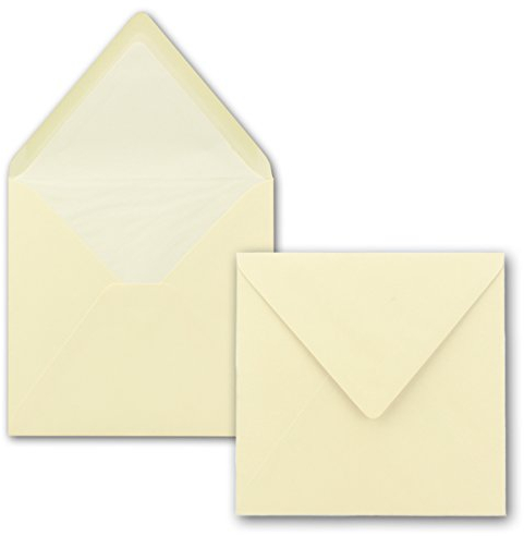 50x Briefumschläge Quadratisch 16 x 16 cm in Vanille (Creme)- Umschläge mit weißem Seidenfutter - Kuverts ohne Fenster & mit Nassklebung - Für Einladungskarten zu Hochzeit und Geburtstag