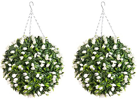 Pair of Best Artificial TULIP Flower Balls Lush Long Leaf Topiary Grass (38cm, White)