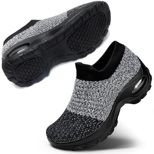 STQ Zapatillas de Mujer Deportivas Sin Cordones Zapatos Cómodo Ligero Exterior y Interior Casual Sneakers Gris Negro 39 EU