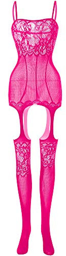 Creamlin Maillot de corps en résille pour femmes avec une seule pièce (Rose)