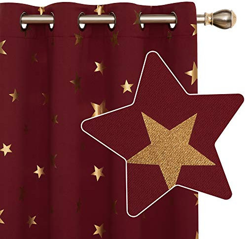 Deconovo Sterne Blickdict Vorhang mit Ösen Verdunkelungsgardinen Thermo Schlafzimmer Thermovorhang Kälteschutz Thermo gegen Kälte Thermogardine Hitzeschutz, 138x117 cm(HöhexBreite), Rot, 2er Set
