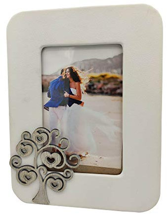 oggettando, Portafoto Cornice da Tavolo in Ecopelle Bianca con Applicazione in Legno Albero della Vita in Scatola da Regalo. Bomboniere, anniversari. Regali utili, Originali ed Economic. (17x23 cm)
