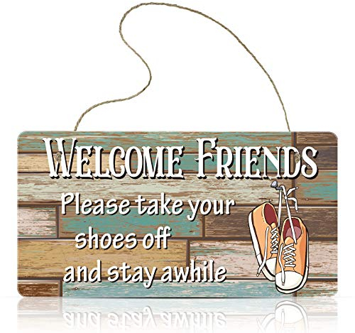 Jetec Wooden Hanging Shoes Off Sign Please Take Your Shoes Off and Stay Awhile Sign 9.8 x 5.1 Inch for Wall Art Home Decor