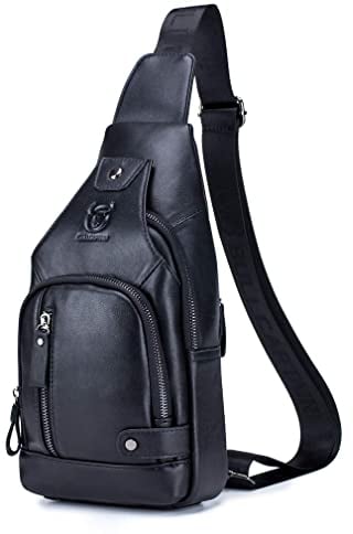 Hebetag Leder Sling Bag Wandern Daypack für Männer Frauen Outdoor Reisen Camping Angeln Crossbody Schulter Brust Rucksack Rucksack, Schwarz