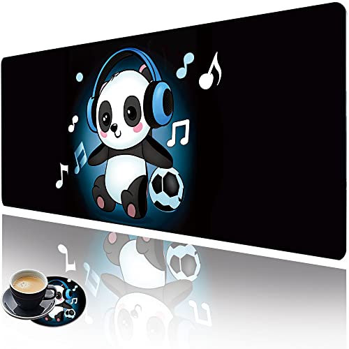 Erweitertes Gaming-Mauspad mit genähten Kanten, großes Mauspad mit Untersetzer-Set, rutschfeste Gummiunterseite, lange XXL-Schreibunterlage für Desktop & Laptop & Tastatur, Cartoon-Musik-Panda