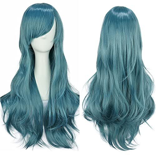 YEESHEDO Blau Grün Cosplay Perücke für Frauen Langes Gewelltes Haar Synthetische Perücken mit Pony für Halloween Party Kostüm Anime 28 Zoll 70 cm