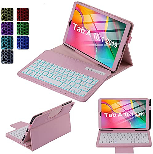QYiD Funda de teclado para Galaxy Tab A 10.1 2019 SM-T510/T515, delgada, ligera, con función atril, 7 colores, teclado inalámbrico desmontable retroiluminado para Samsung Tab A 10.1 2019, oro rosa