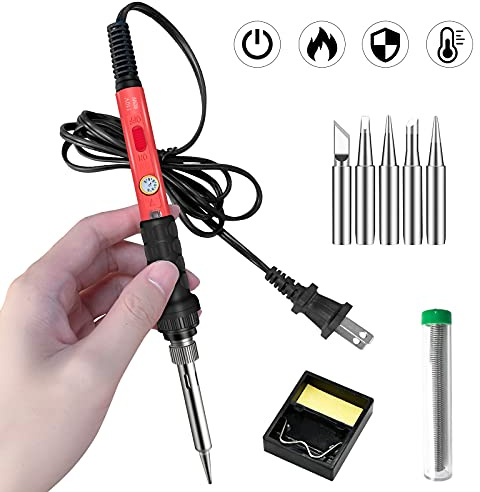 Soldering Kit, 60W Soldering Iron, 110V Welding Kit with Ceramic Heater, Portable Solder Irons with 5pcs Extra Tips, Stand, Solder Tube, Sponge, for Electronic Repair