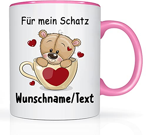 Print-Klex Tasse mit Namen und Für mein Schatz Motiv Bedruckt Namentasse Namensbecher Für mein Schatz Geschenktasse Weiß/Rosa Kaffeebecher Spruchtasse Keramik mit Druck 330ml Tasse mit Text