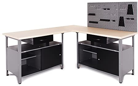Ondis24 Werkstatt Set Ecklösung One, Werkbank, 180 cm Holzarbeitsplatte, Werkzeugwand Lochwand, Haken Set, Metall (Arbeitshöhe 85cm, schwarz)