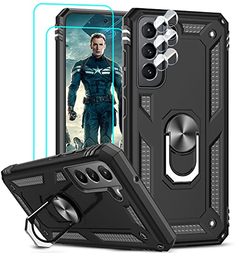 LeYi Custodia per Samsung Galaxy S21 FE 5G con 2 pellicole proteggi schermo in vetro temperato e 2 pellicole per fotocamera, custodia protettiva in metallo per cellulare, colore: nero