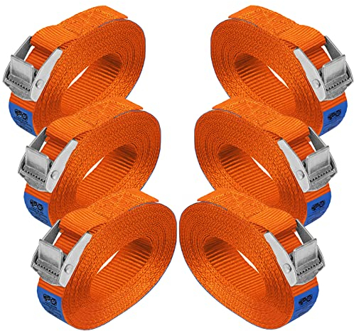 Zurrgurt Spanngurt Befestigungsgurt Klemmverschluss Befestigungsriemen orange - belastbar bis 250 kg DIN EN 12195-2, 6er Pack 2.5 cm x 4 m