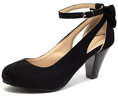 Elerhythm Damen Mary Jane Schleife geschlossene Zehen Vintage Pumps Absätze Gatsby Viktorianische 1920er Jahre Kleider Faux Wildleder Schuhe, Schwarz, 42.5 EU