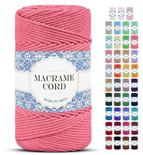 Uiopa Makramee Garn 4mm x 200m Natürliche Baumwollkordel Baumwollseil Baumwollgarn Baumwollschnur, Macrame Cord 4mm für DIY Basteln Stricken Wandbehang Pflanze Aufhänger Boho Deko (Wassermelone Rosa)