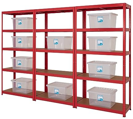 BiGDUG Garage Shelving Units 3 Bay & 10 Storage Boxes (31L) - 175kg per shelf (875kg per bay) - 178x90x40 cm - 5 Tier Storage Shelves - Red