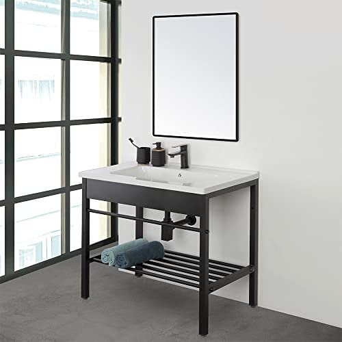 Mobile bagno a terra 80 cm nero opaco, stile industrial completo di lavandino e specchio reversibile, Borg (Larghezza 80 cm)