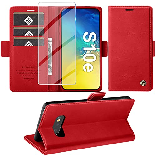 Handyhülle für Samsung Galaxy S10E Hülle mit Schutzfolie, Standfunktion Kartenfach Wallet Premium Leder Schutzhülle S10e Flip Case Cover Stoßfeste Klapphülle S10E 5.8 Zoll (Rot)