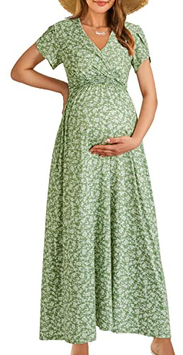 OUGES Maternity Maxi Dress Long Summer Pregnancy Dress for Women UK Spring Breastfeeding Dresses-XL