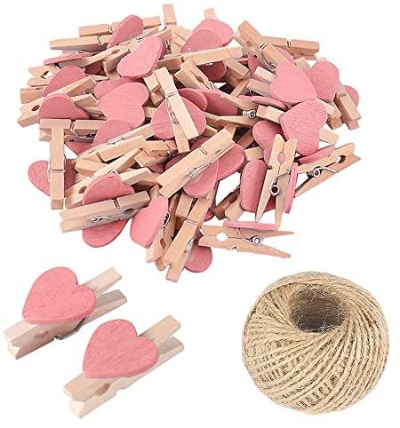 Lot de 100 mini pinces à linge en bois rose en forme de cœur avec cœur, 3 cm, petites épingles à linge avec ficelle pour affichage de photos, bricolage, décoration de mariage et de fête prénatale
