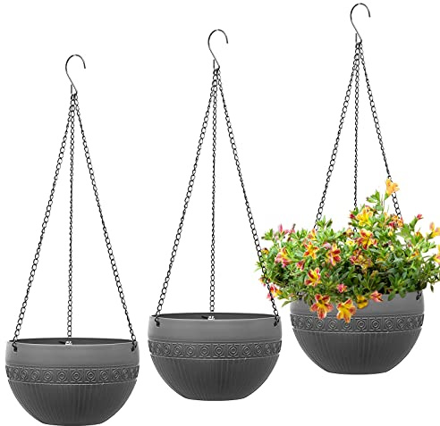 Moollyfox 3 Stück Blumenampel Außen, Ø 17cm Selbstbewässerung Blumentopf Hängend, Hängeampeln Kunststoff für Draußen, Hängeblumentöpfe mit Rostfrei Ketten, Hängeampeln für Innen Außen Decken Pflanzen