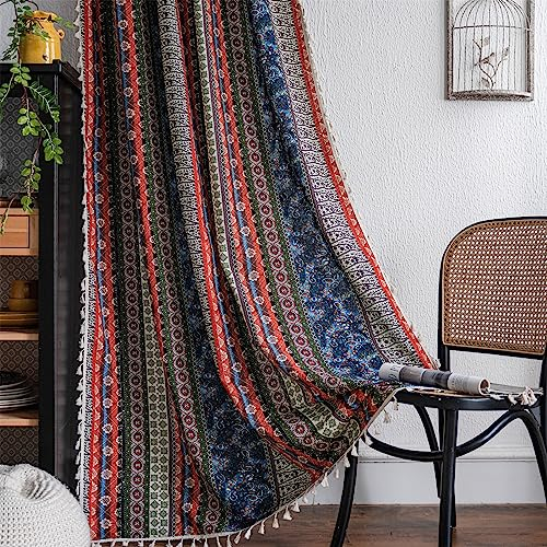 Freyamy Boho Vorhänge 2er Set Gardinen mit Beige Quasten Baumwolle Leinen Halbverdunkelungsvorhänge Transluzente Gardinenschals mit Stangedurchzug für Wohnzimmer Schlafzimmer,240x150cm(HxB)