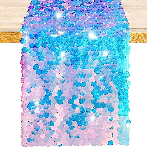 Meerjungfrau-Tischläufer, 30,5 x 274,3 cm, glitzernde Schuppen, Tischläufer, Unterwasser-Thema, Pailletten-Tischläufer, Themenpar -Dekoration, Tischläufer für Langen Tisch, Babyparty, Geburtstag
