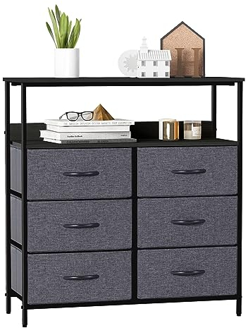 LYNCOHOME Kommode mit Schubladen aus Stoff, Sideboard Flur Schrank mit 6 Stoffschubladen und Fächern, Schubladenschrank Ordnungsmöbel für Küche Büro Bedroom