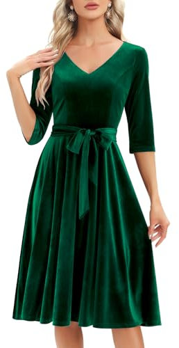 Bbonlinedress Abito da donna a metà lungo, da cocktail, da sera, ballo di fine anno, per feste, matrimoni, compleanni, con maniche a 3/4, scollo a V, V-verde scuro, XL