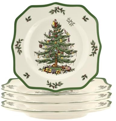 Spode Christmas Tree Scalloped Dinner Plate (Set of 4) - Holiday Stoneware Large Plates - 10.5 Inch Christmas Dinner Dishes, Colorful Gifts & Mistletoe Accents - Dishwasher & Microwave Safe